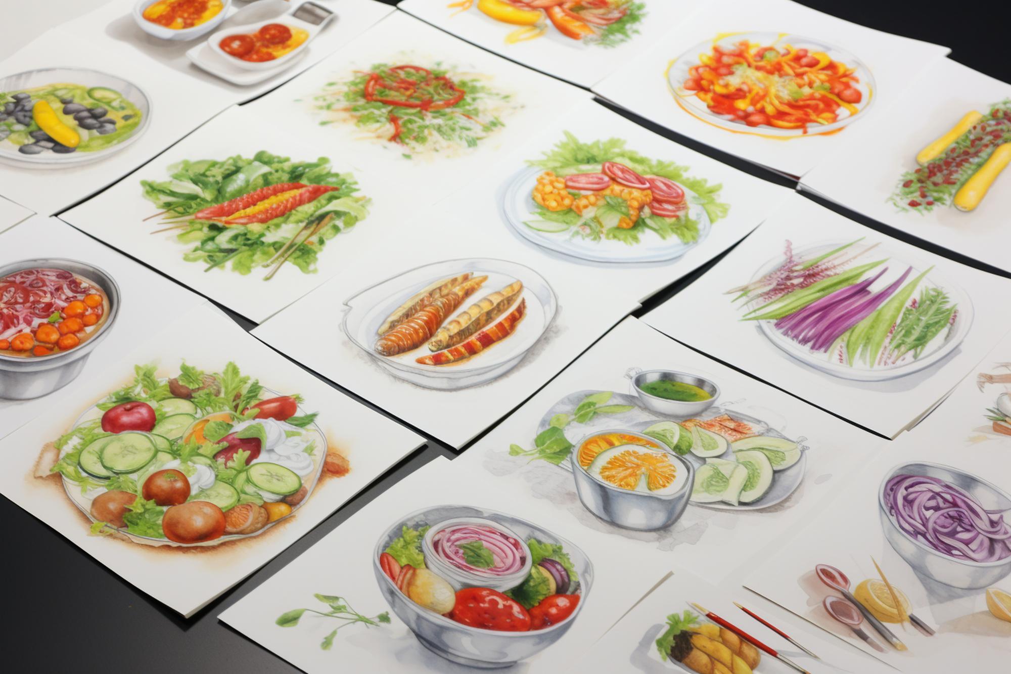 Seasonal menu sketches and plated samples